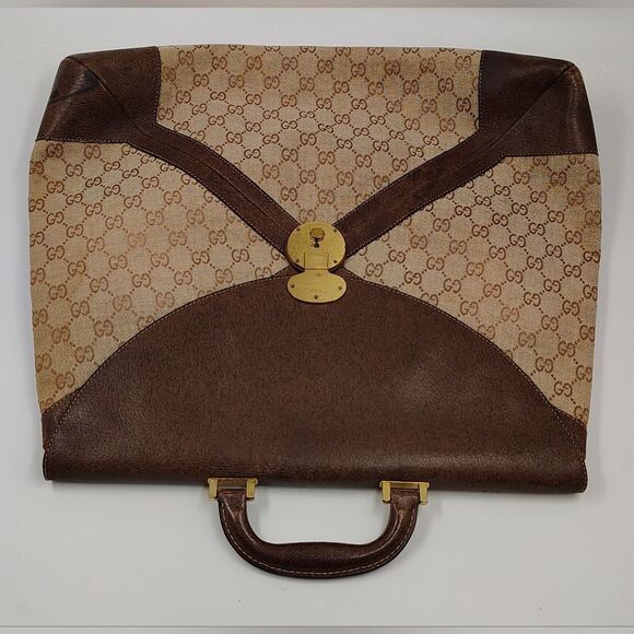Gucci Brown Leather & Cream Logo Monogram Satchel Bag Vintage - Picture 6 of 16